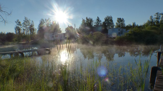 Zum Beispiel auch hier: Morgenidylle am Savannah Rive lädt zum Bade ein. 150 m weiter dröhnen die Trucks, 200 m weiter die Güterzüge vorbei ...